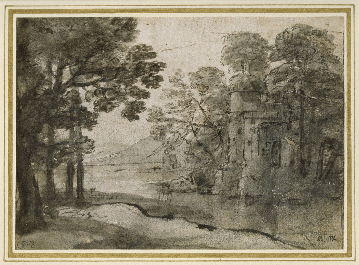 木々の間の水車小屋、1635-38年（白い紙に黒いチョークの上に灰色のウォッシュを施したペンと黒のインク） 作： クロード・ロラン