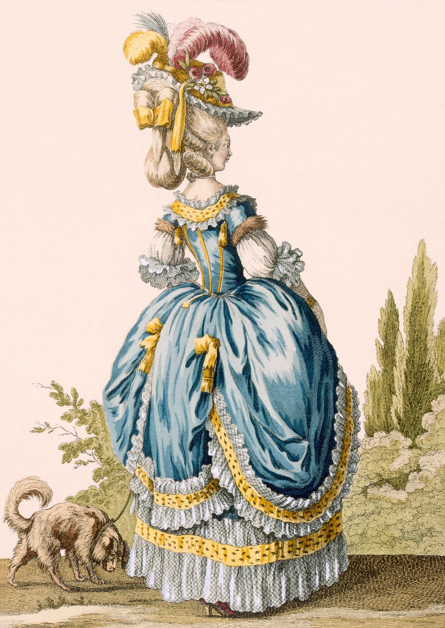 Voysardによって刻まれた女性のガウンの背面図、「Galeries des Modes et Costumes Francais」、c.1778-87からのプレートno.8 作： クロード・ルイス・デスレイ