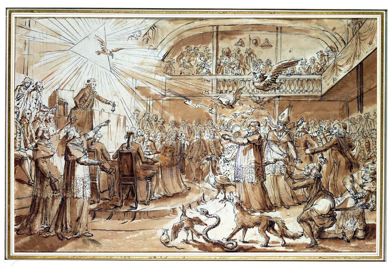 1790年12月の憲法制定議会での聖職者の風刺画、1790年の教会への市民憲法の賦課に反論（ペンとインクで紙に印刷） 作： クロード・ルイス・デスレイ