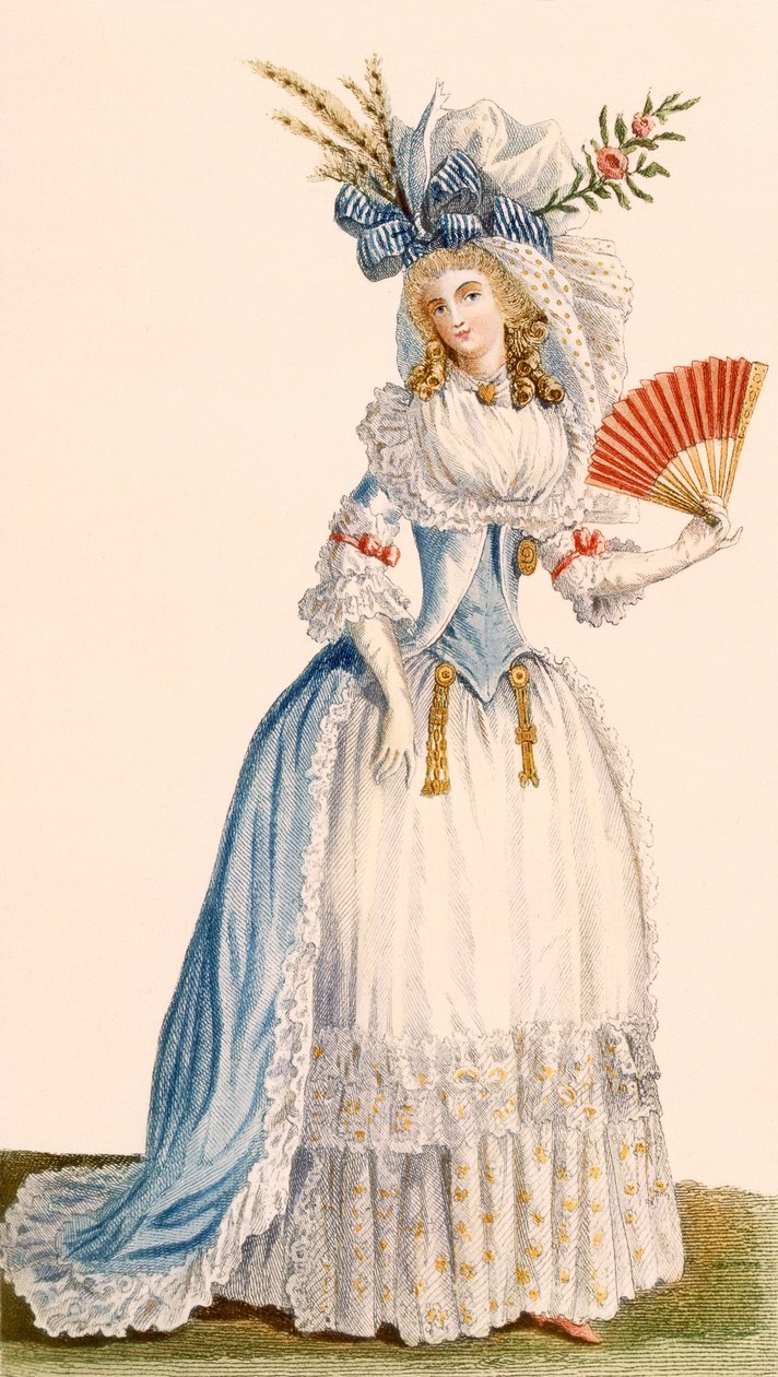 「Galeries des Modes et Costumes Francais」の女性トルコ風イブニングドレス、c.1778-87 作： クロード・ルイス・デスレイ
