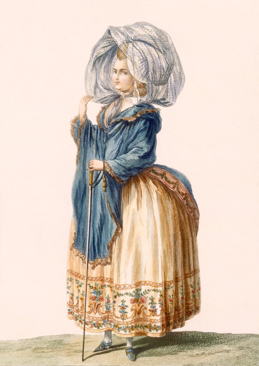 Voysardによって刻まれたレディガウンのプレート、「Galeries des Modes et Costumes Francais」、c.1778-87 99：clothing;伝統的なドレス;伝統的な衣装;ファッション;図; c18th 作： クロード・ルイス・デスレイ