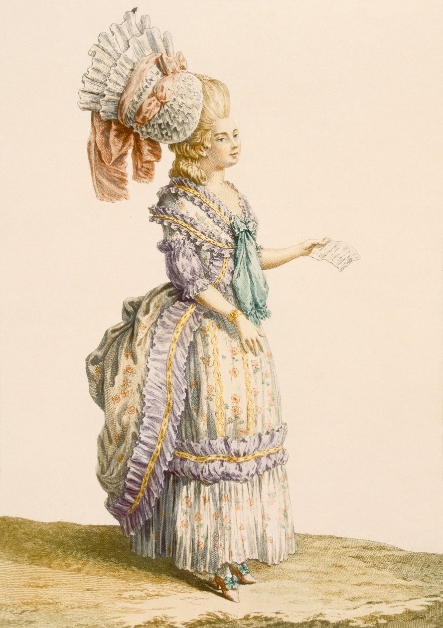 Le Royが「Galeries des Modes et Costumes Francais」から彫刻したポラネーズネグリジェ、c.1778-87 作： クロード・ルイス・デスレイ