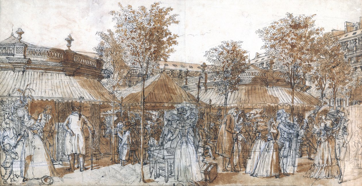 1787年のパレロワイヤルガーデンウォーク（紙にペンと茶色のインク） 作： クロード・ルイス・デスレイ