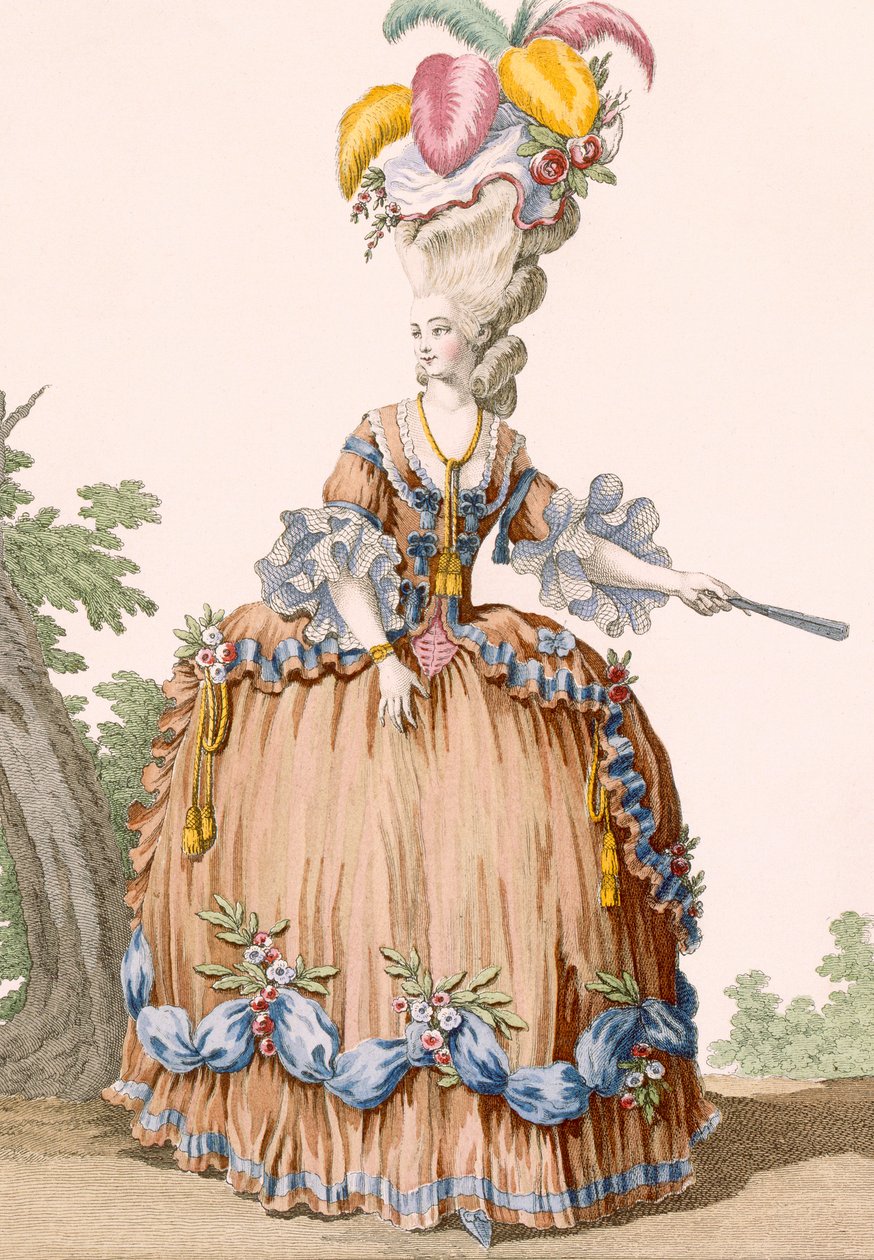 デュパン、版画19番「Galeries des Modes et Costumes Francais」、1789年から刻まれた可愛らしい夏の午後のドレスの少女 作： クロード・ルイス・デスレイ