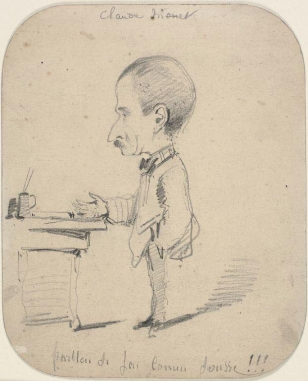 机のそばに立っている男の風刺画 作： クロード・モネ