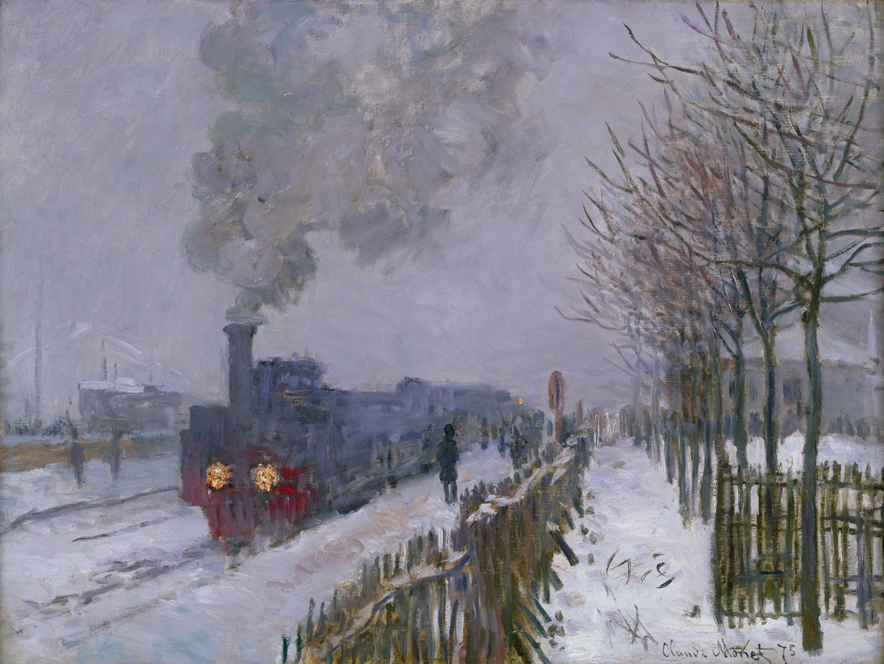 雪または機関車での列車、1875 作： クロード・モネ