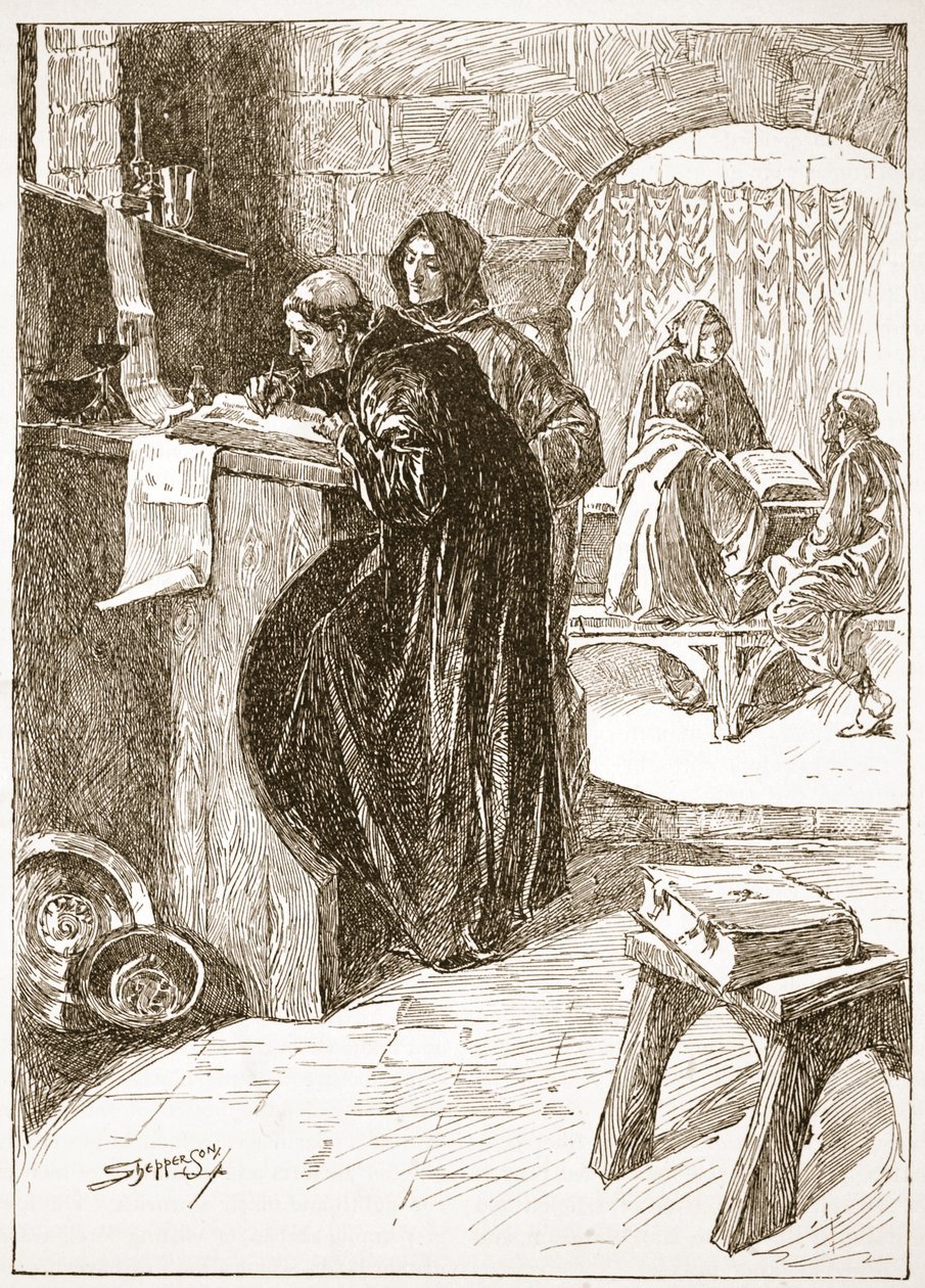 HDM Spence-Jonesによる &39;イングランドの教会：人民の歴史&39;からの修道院の図書、イラスト1910年頃（セピア写真） 作： クロード・シェパーソン