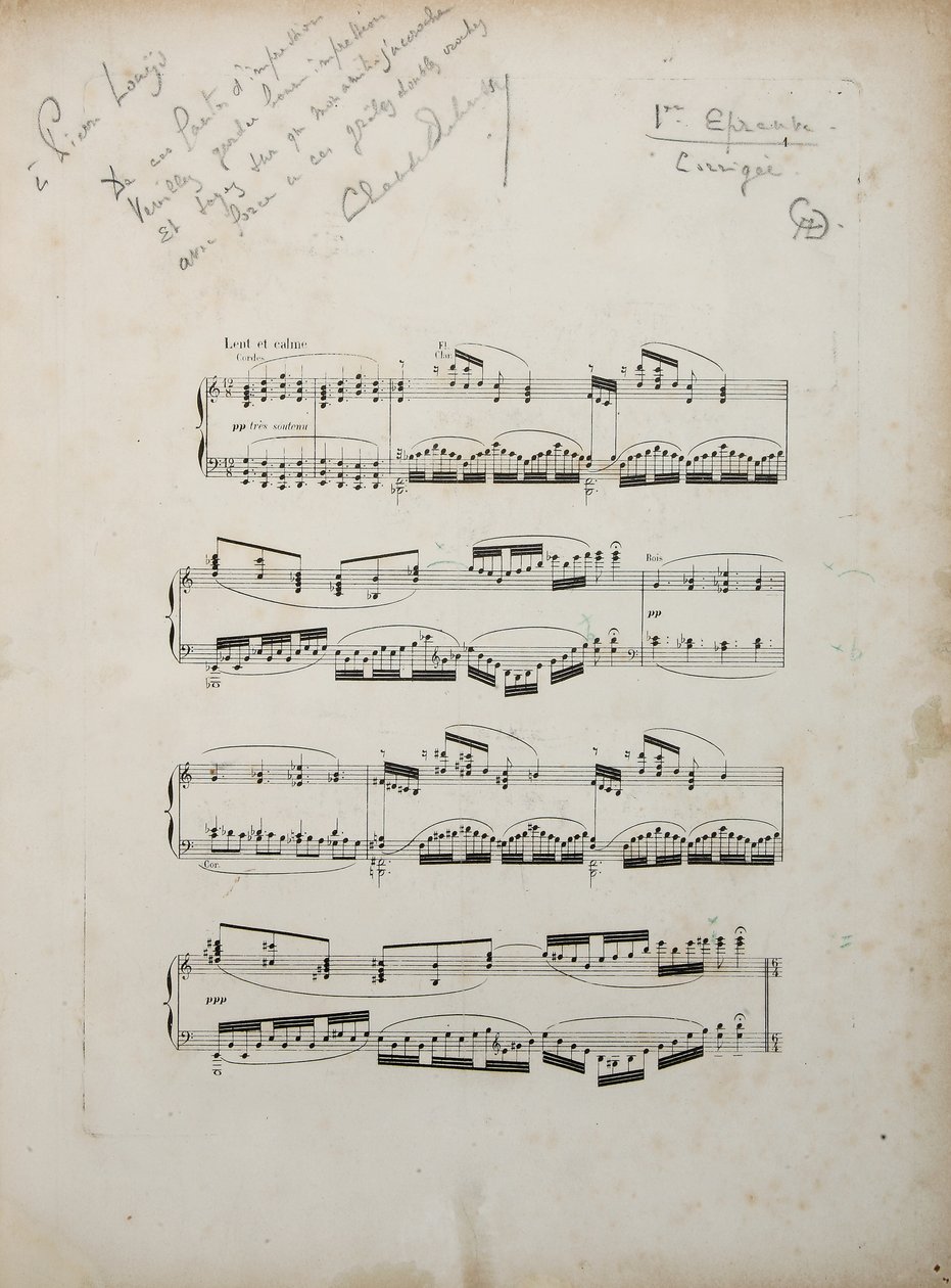 「Ladamoiselleelue」の最初の修正された証明からのページ、c.1887-88 作： クロード・ドビュッシー