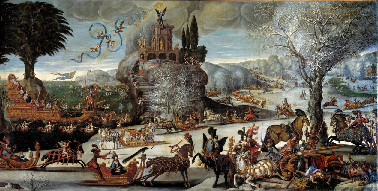 Die vier Elemente: Wasser. Winterlandschaft, König Ludwig XIII. wird als Neptun dargestellt, Anne von Österreich als Amphitrite, Prinz und zukünftiger König Ludwig XIV. auf einem Boot. von Claude Deruet