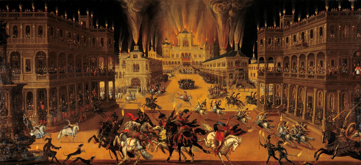 四元素：火。ルイ13世の時代に行われたショーと馬上槍試合。右側では衣装王が馬に乗ってショーに参加し、リシュリュー枢機卿がバルコニーからその様子を観察しています。クロード・ドゥルエ（1588-1662）による絵画 1640 O 作： クロード・ドゥリュエ