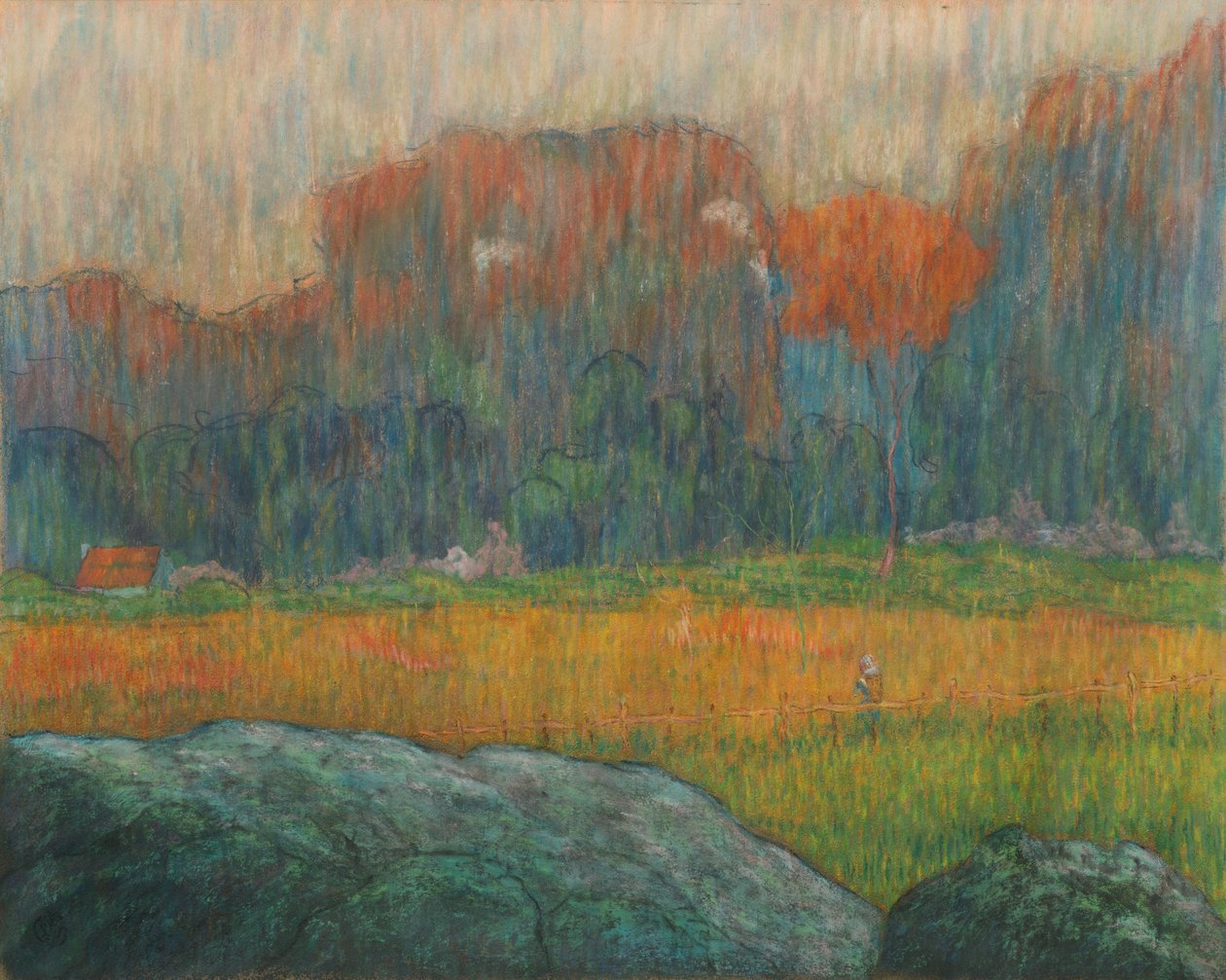 人物と家々のある風景 1891年頃（パステル） 作： クロード・エミール・シュフェネッカー