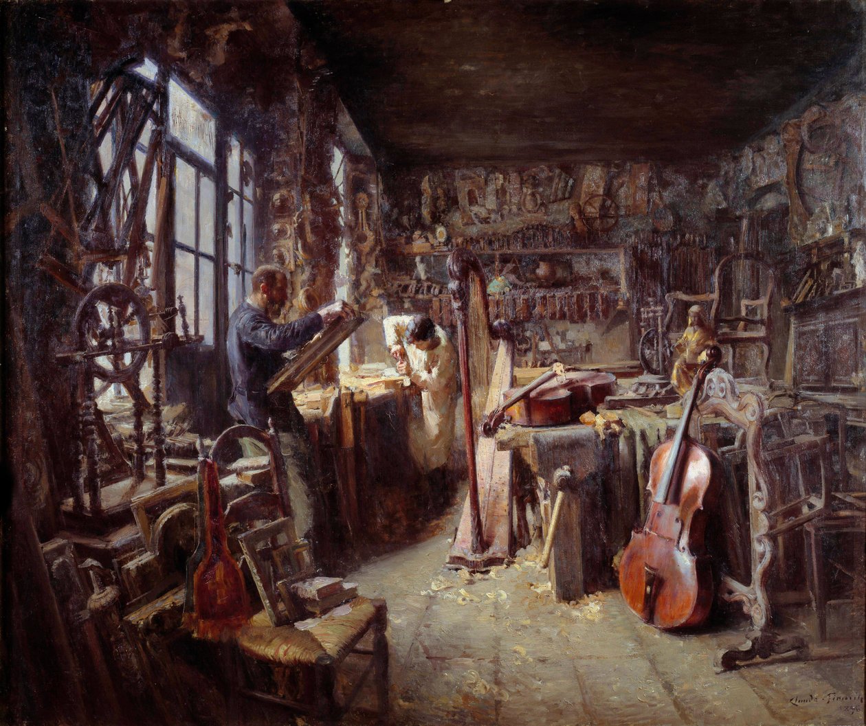 楽器でいっぱいの彼のワークショップの修復者。 クロード・フィルマン (1864-1944) の絵画 1896 年 アヴィニョン美術館 カルヴェ 注目！ この作品の使用は、第三者の承認要求または追加料金の対象となる場合があります 作： クロード・フィルマン