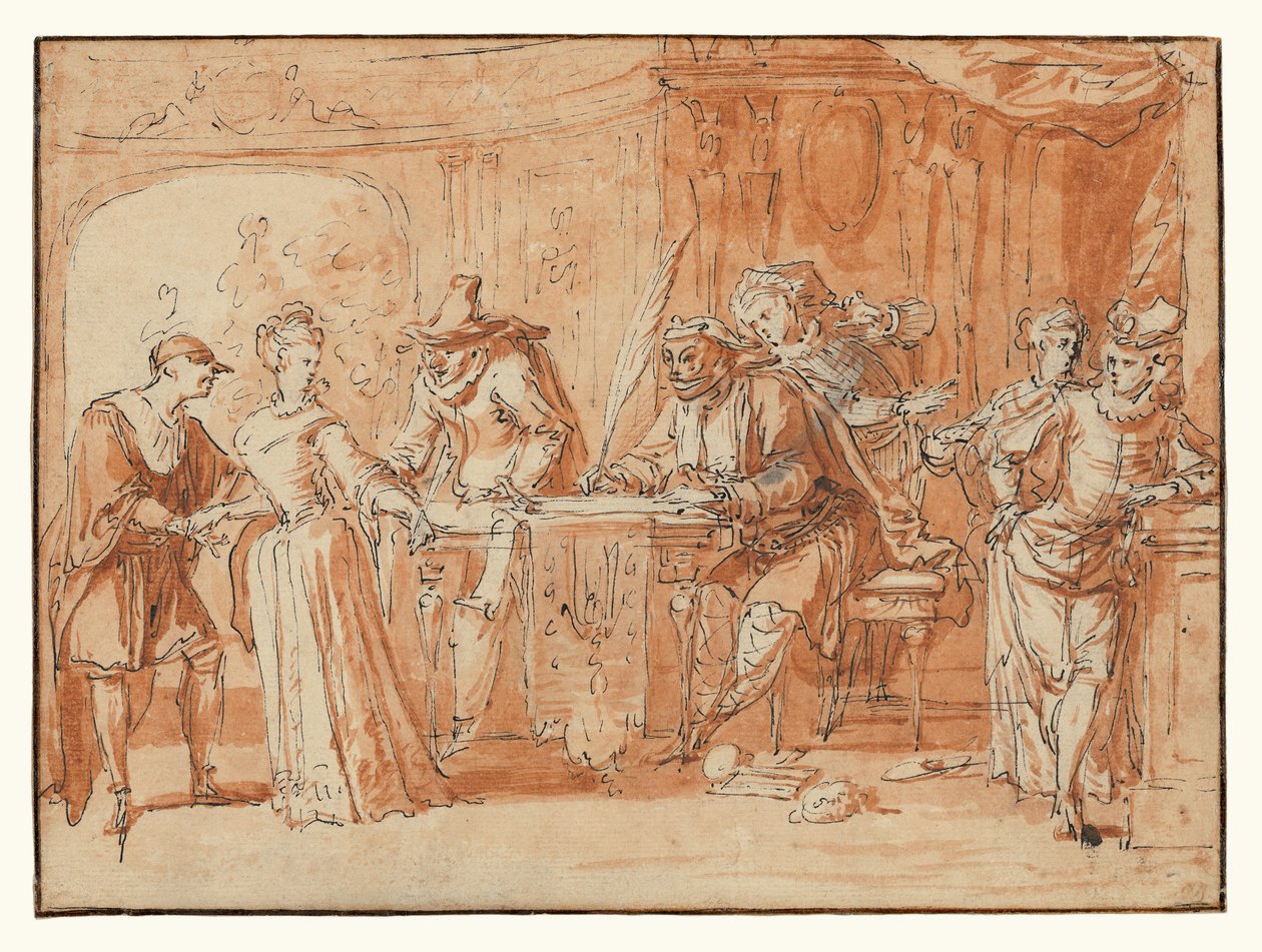 Szene aus der italienischen Komödie (recto); Figurenstudie (verso) 作： クロード・ギロット
