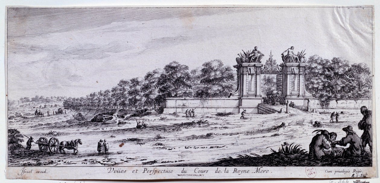 Cours de la Reine Mereの眺めと展望 この散歩道は、1616年にマリー・ド・メディシスによってパリのアルマ広場の近くに作られました。クロード・ゴイラン（1620-1662）によるドローイング 17世紀 パリ、カルナヴァレ美術館 作： クロード・ゴイランド