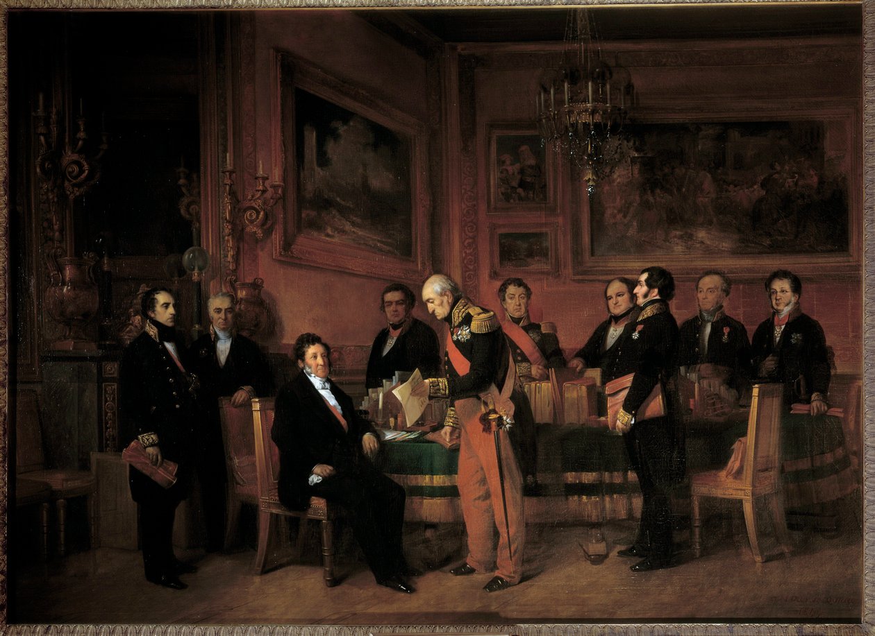 8月15日、チュイルリー宮殿の閣僚会議で、マレシャル・ソウルがルイ・フィリップ1世（1773-1850）に摂政法を提示 作： クロード・ジャカンド