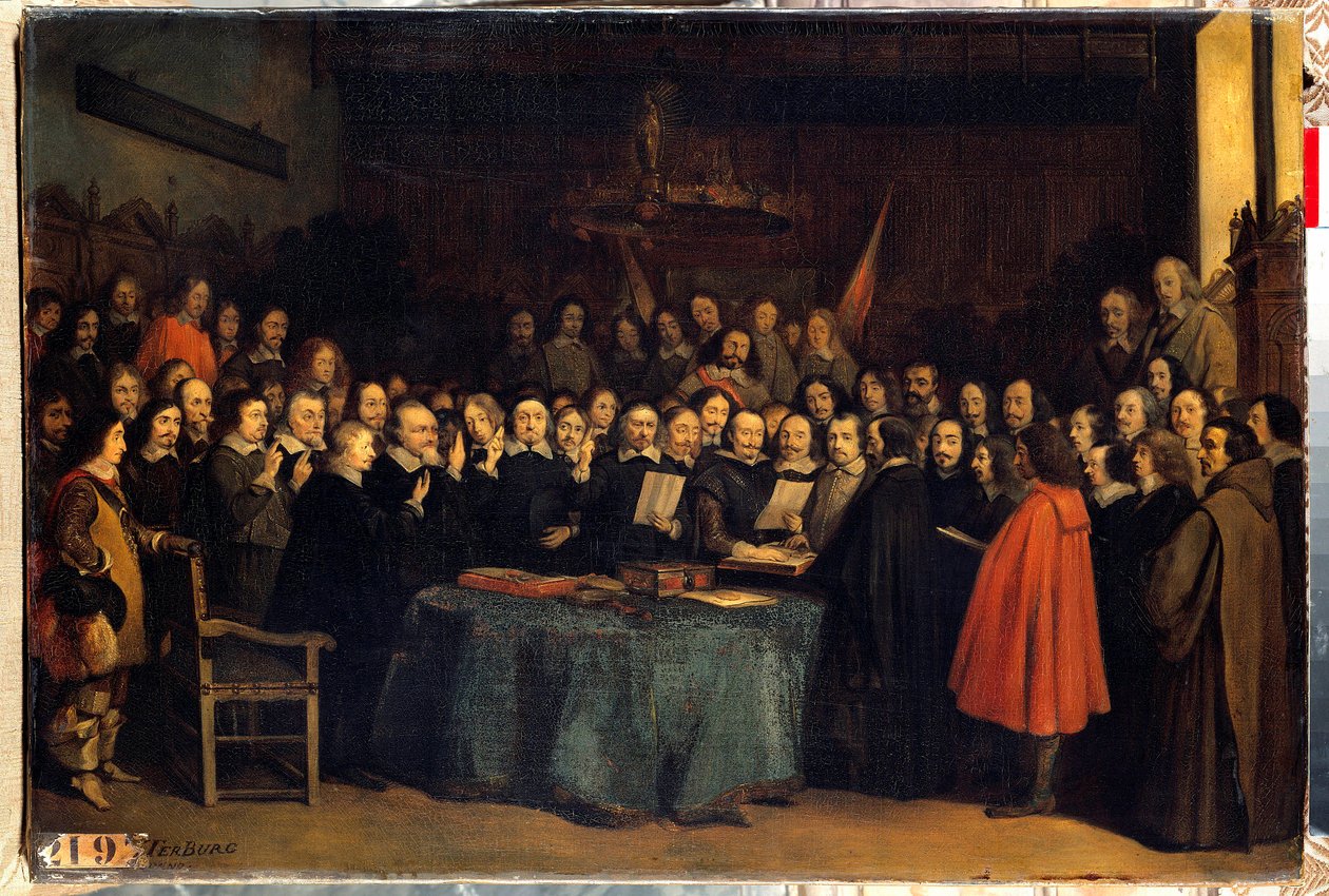 1648年5月15日にミュンスター市庁舎でスペイン人とニードランダーの間の平和が批准された後の誓いであるヴェストファーレンの平和彼らは三十年戦争を終結させた。クラウディウス・ジャカンドによる絵画 作： クロード・ジャカンド