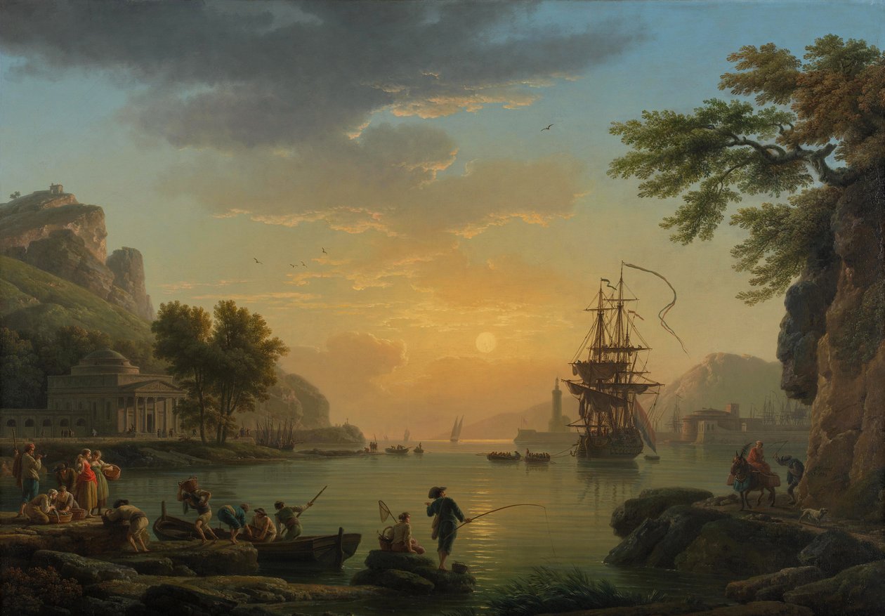 "Paysage au coucher de soleil avec retour de peche" (漁師が獲物を持って戻ってくる夕暮れの風景) Peinture de Claude Joseph Vernet (1714-1789) 油彩・キャンバス 1773 Dim 114,5x164 cm National Gallery, Londres 作： クロード・ジョセフ・ヴェルネ