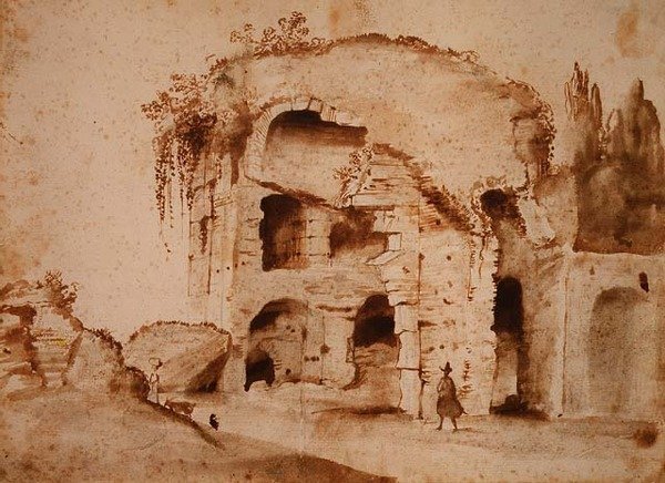 パラティーノの廃墟（紙に水墨画 作： クロード・ロラン