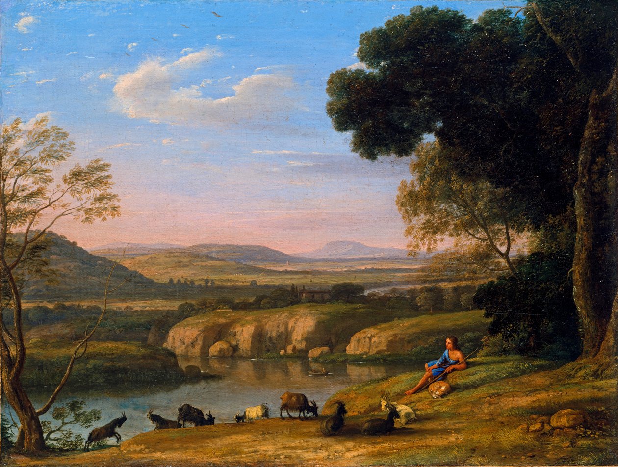 ""Paysage au chevrier" (Goatherd のある川の風景) 1645 年頃のクロード ロラン (1600-1682) による絵画 - キャンバスに油彩 Dim 39.5x53 cm Niedersaechsisches Landesmuseum、ハノーバー 作： クロード・ロラン