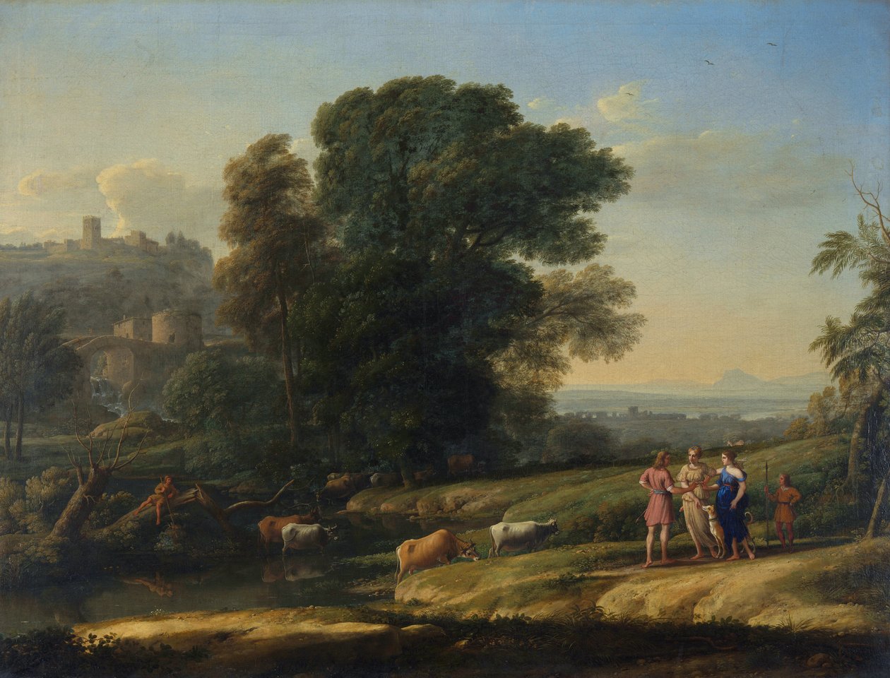 "Paysage avec Cephale et Procris reunis par Diane" (Dianaによって再会したセファロとプロクリスのいる風景) Peinture de Claude Lorrain (1600-1682) Oil on canvas 1645 Dim 101,5x133 cm National Gallery, Londres 作： クロード・ロラン