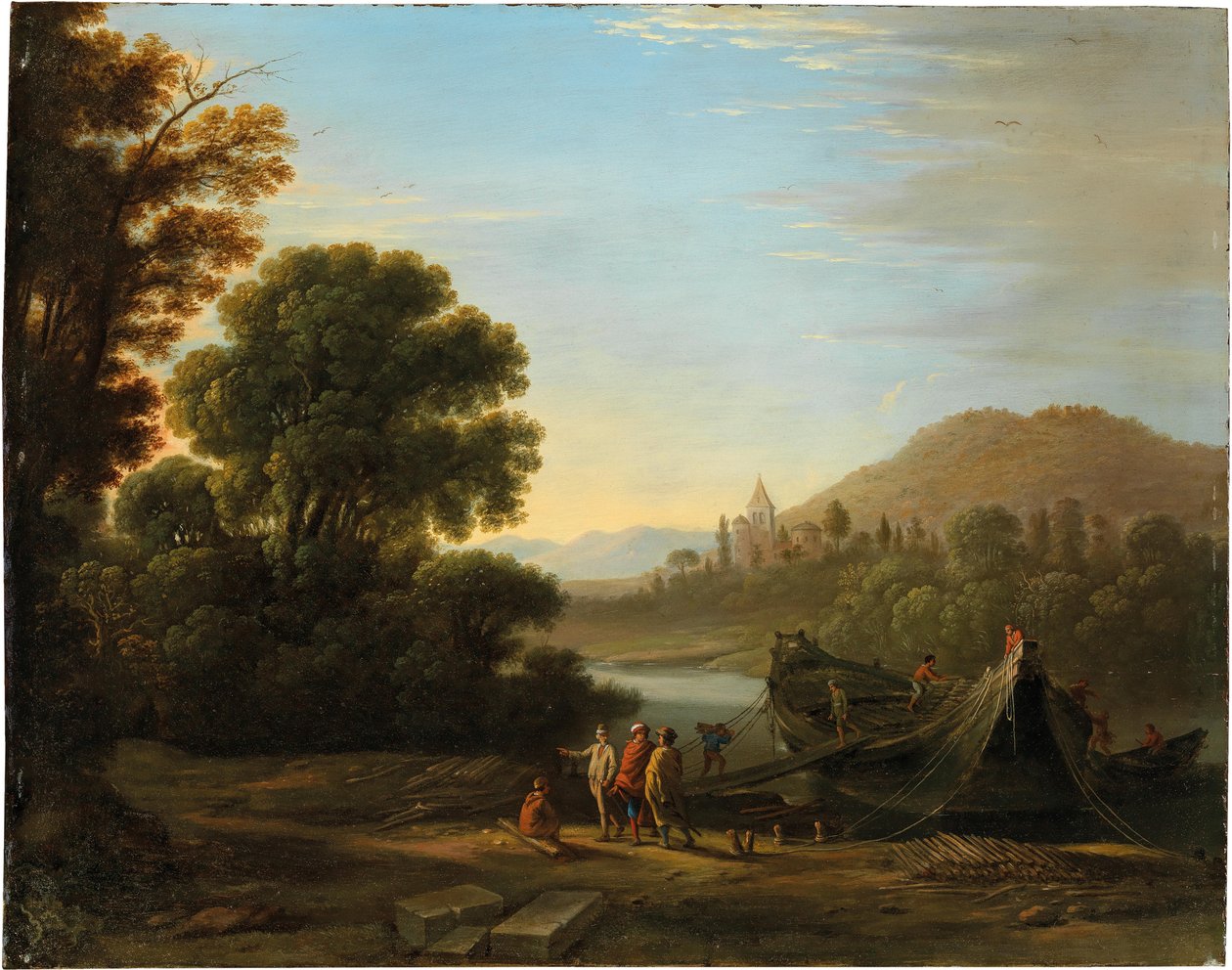 フランス語：Paysage withc personnages chargeant du bois sur un bateau 船に木材を積み込む人物のいる風景 作： クロード・ロラン