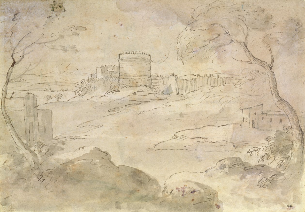 要塞化された町のある風景（紙にインク＆ウォッシュ） 作： クロード・ロラン