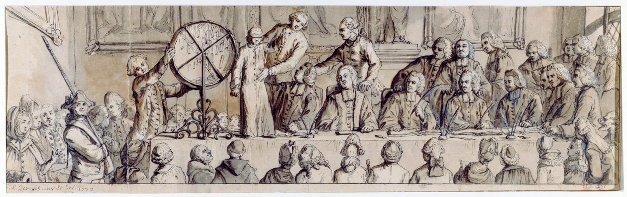 1772年のホテルドヴィルでの抽選（ペン、インク、ウォッシュ） 作： クロード・ルイス・デスレイ