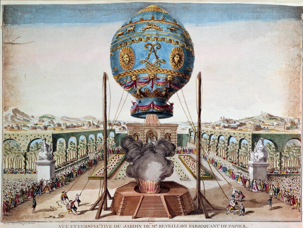 1783年10月19日、パリのサン・アントワーヌ地区にあるMonsieur Reveillonの庭でのモンゴルフィエール兄弟の体験。デスレーズによるエングレーヴィング Claude Louis Desrais (1746-1816) 作： クロード・ルイス・デスレイ