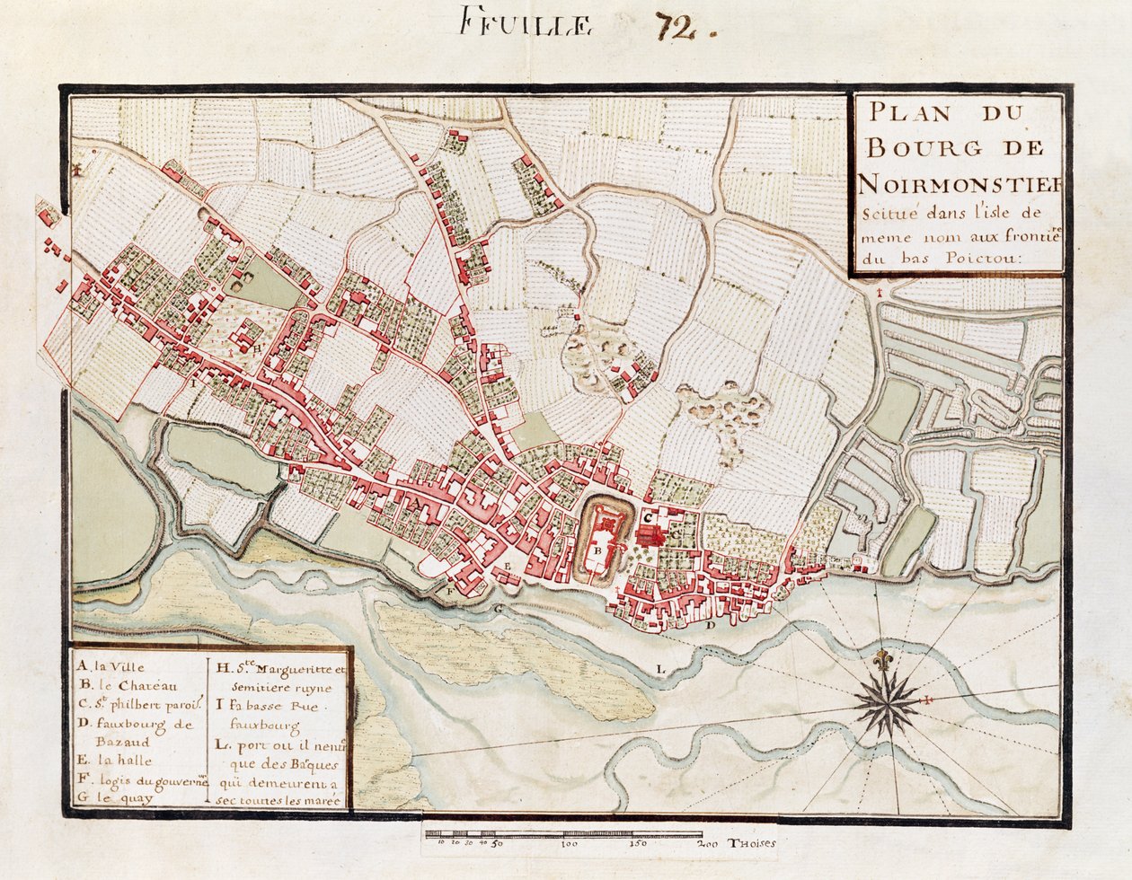Atlas 131 H. Fol 72 Plan of Noirmoutier-en-L&39;Ile、c.1700（紙にペン、インク、トイレ） 作： クロード・マッセ