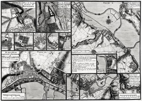 Fol.7＆98 1714年にシャレンテ川沿いに位置する町とシャトーの地図、サントンジュ広場から（ペン＆インク、紙にトイレ） 作： クロード・マッセ