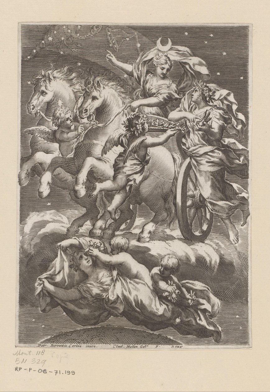 戦車に乗った月の擬人化 タイトルページ: Giovanni Battista Ferrari, De Florum cultura libri IV, 1633 作： クロード・メラン