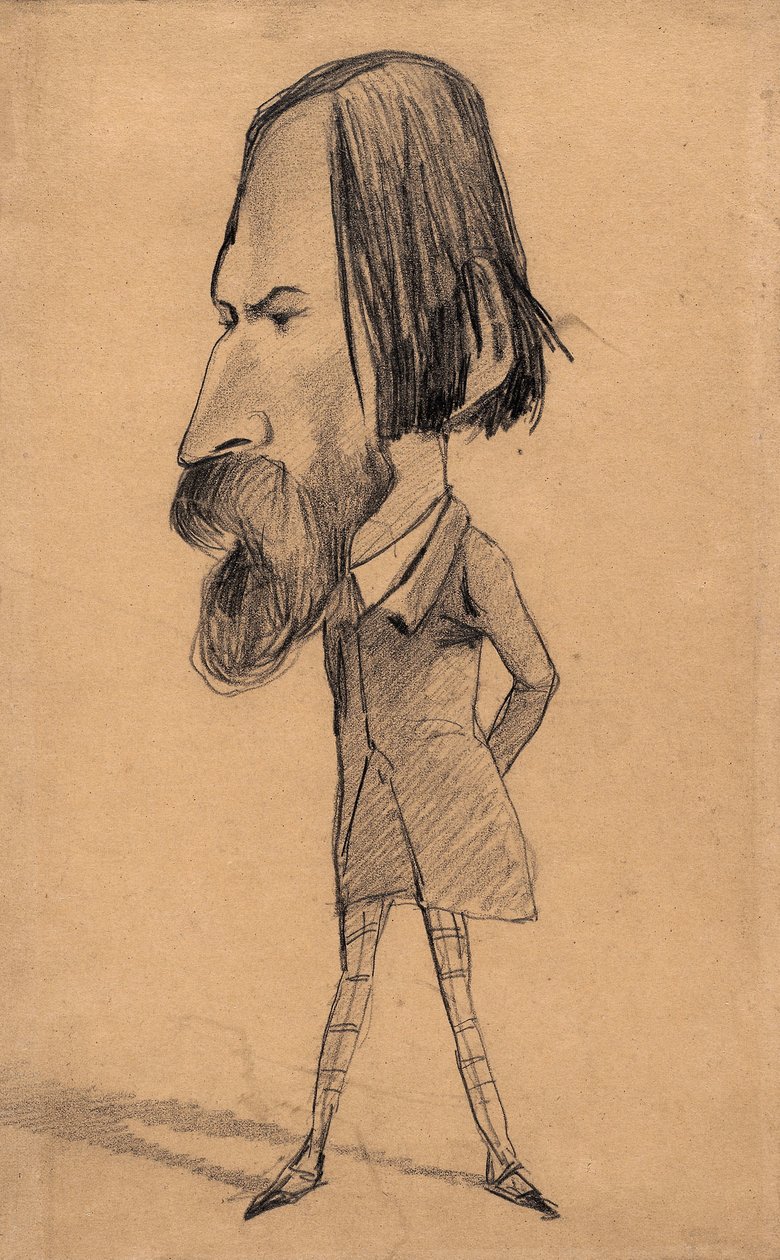 オーギュスト・ヴァクリーの風刺画、1859年頃（褐色の織紙に黒鉛、消しゴムで描く） 作： クロード・モネ