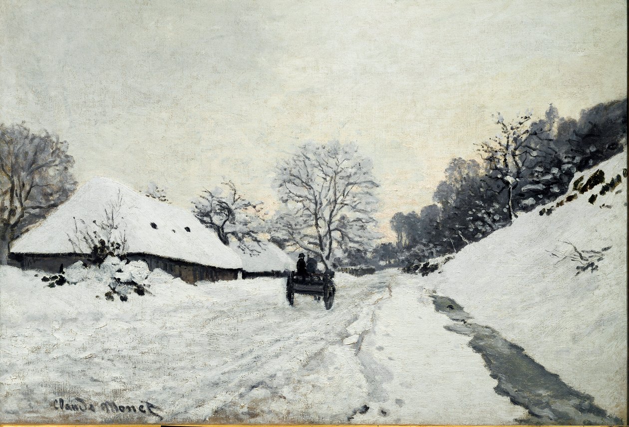 オンフルールの雪の下の道、カート（油彩・キャンバス 作： クロード・モネ
