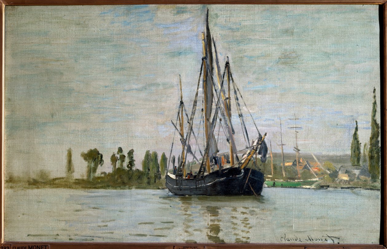 ルーアン付近で錨を降ろしているフランスのシャスマリー（Chasse-Maree） クロード・モネ（1840-1926）の絵画 1871年日。0,48x0,75 m Paris, musee d