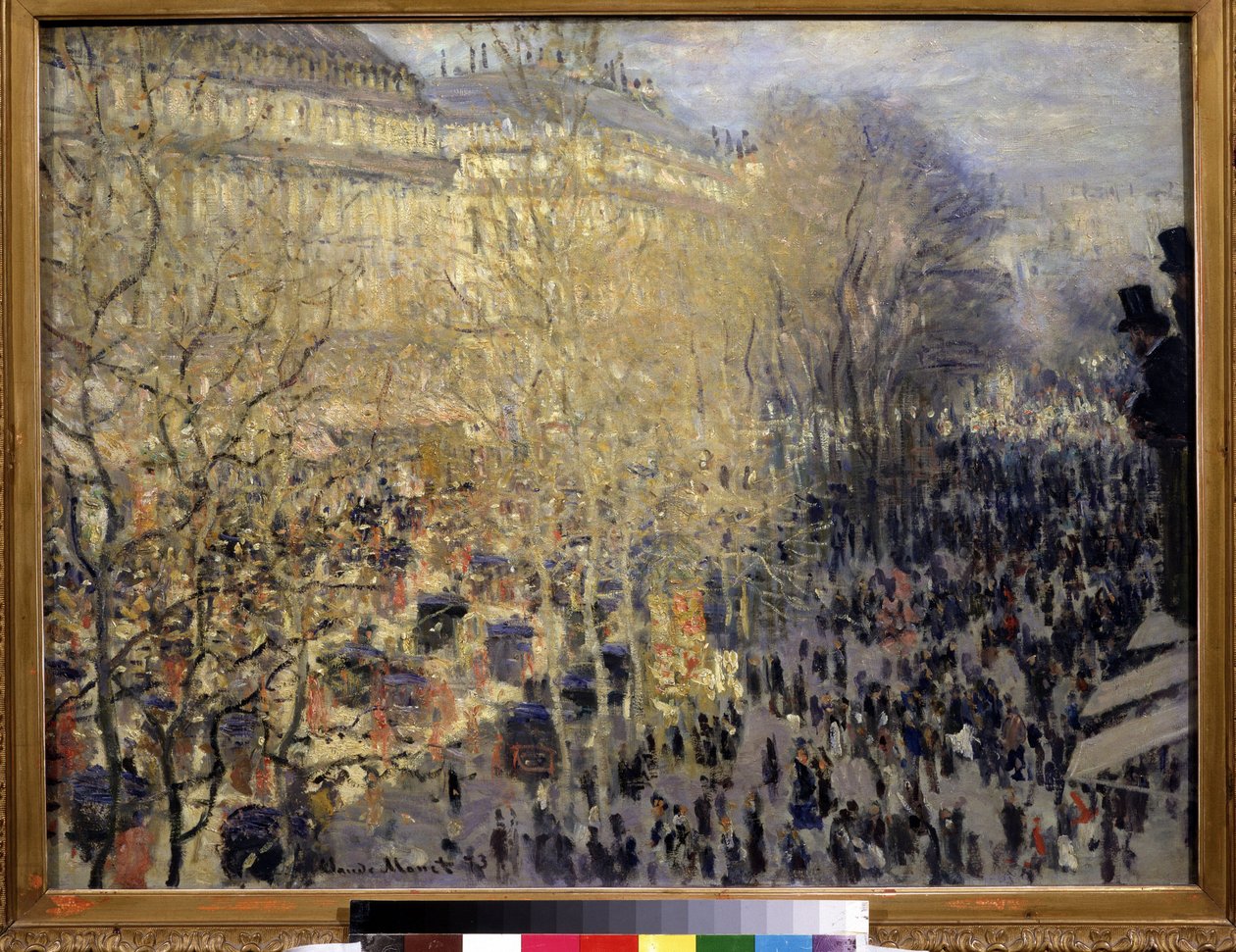 「Le boulevard des Capucines」パリのオペラ地区の通行人や交通の群れ。 クロード・モネ (1840-1926) の絵画。 キャンバスに油彩。 印象派。 1873. Dim. 61x80 cm プーシキン美術館、モスクワ 作： クロード・モネ