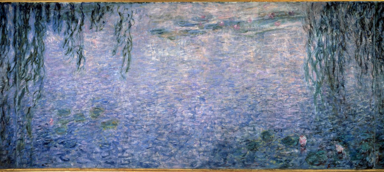 ニュンフェアス、柳のある澄んだ朝 トリプティク中央部分クロード・モネ（1840-1926）の絵画 1914-1926年 薄暗い。2 x 4.25 m. パリオランジュリー美術館 作： クロード・モネ