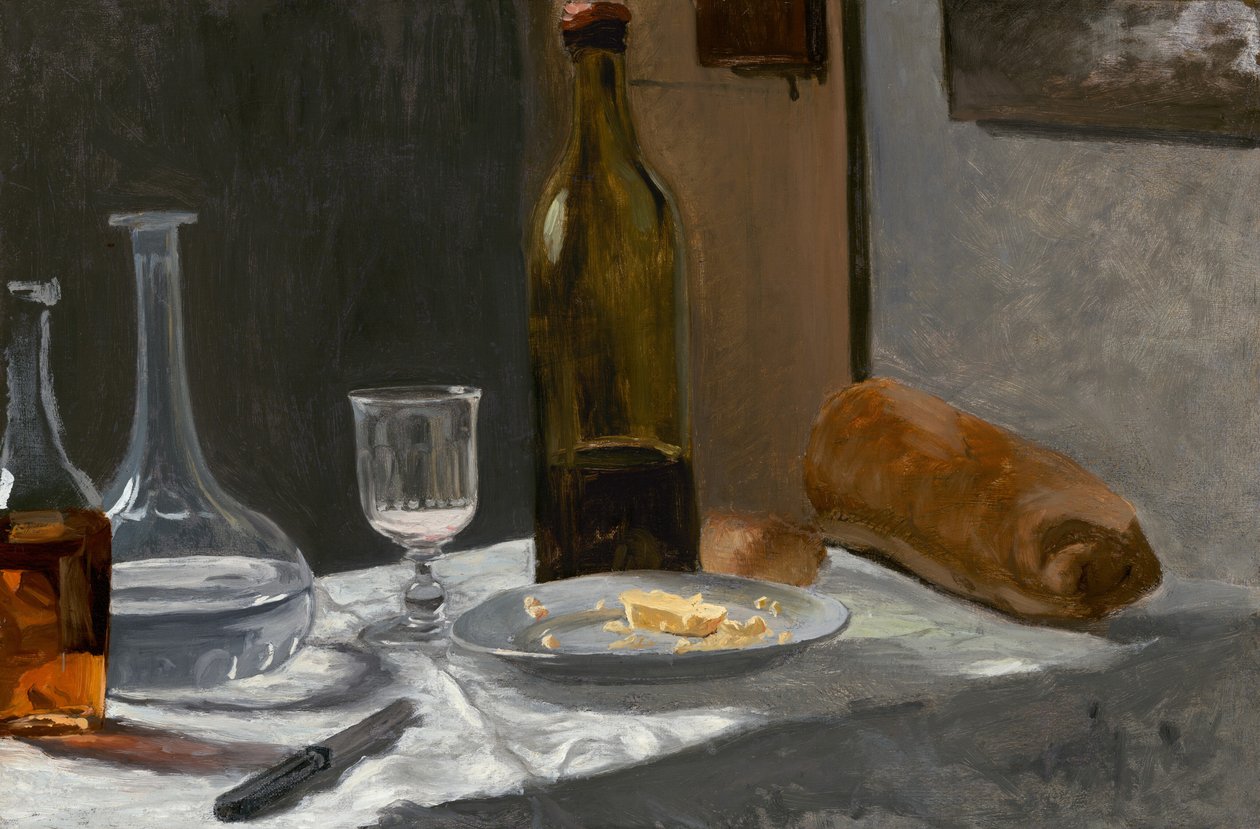 ボトル、カラフェ、パン、ワインのある静物 c. 18621863. 作： クロード・モネ