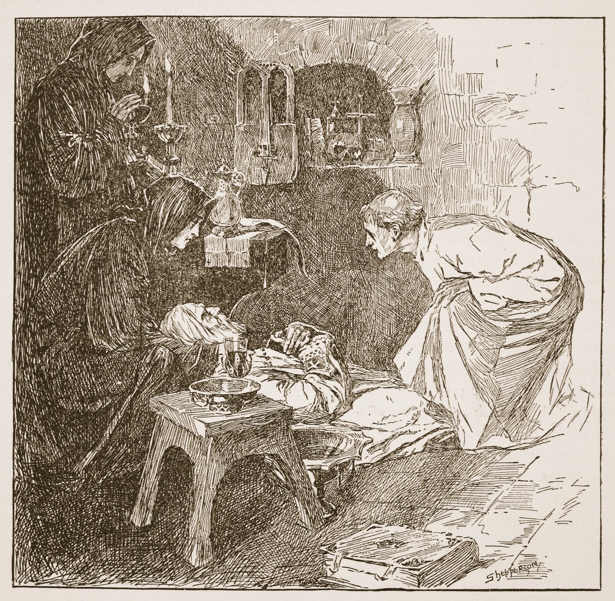 「ベッドの死」、HDM Spence-Jonesによる「イングランドの教会：人々の歴史」のイラスト、パブ。 1910年頃（セピア写真） 作： クロード・シェパーソン