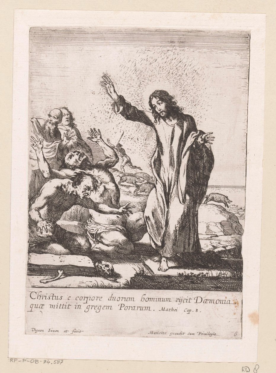 キリストは、憑依された 2 つの悪霊を解放します Miracula Domini Nostri Jesu Christi (シリーズタイトル) キリストの奇跡（シリーズタイトル） 作： クロード・ヴィニヨン
