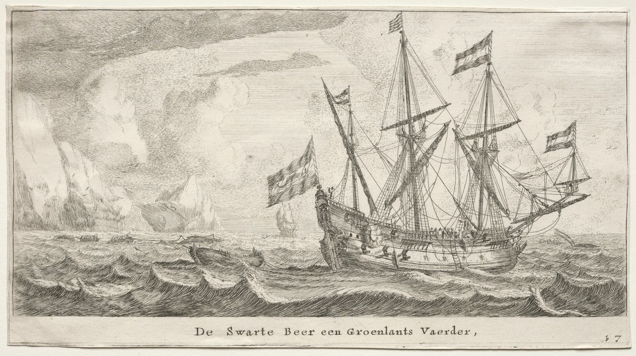 アムステルダムのさまざまな船と景色 (Verscheÿde Ships and Gesichten van Amstelredam)、パート II: グリーンランドの捕鯨船クロクマ 作： クレマン・デ・ジョンヘ