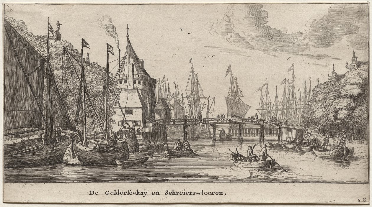アムステルダムのさまざまな船と景色 (Verscheÿde Ships and Gesichten van Amstelredam)、パート II: The Geldersche Quai and Schreiers Tower 作： クレマン・デ・ジョンヘ
