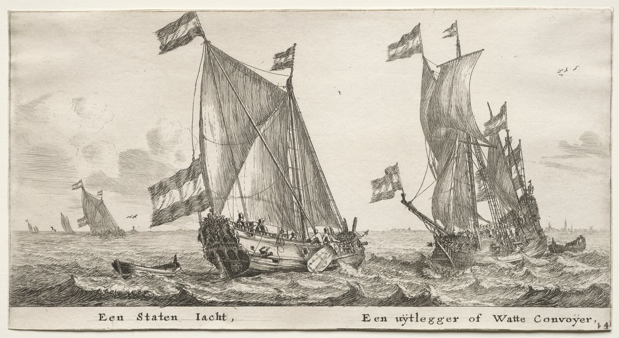 アムステルダムのさまざまな船と景色 (Verscheÿde Ships and Gesichten van Amstelredam)、パート II: オランダ海軍のヨット。 警備船 作： クレマン・デ・ジョンヘ