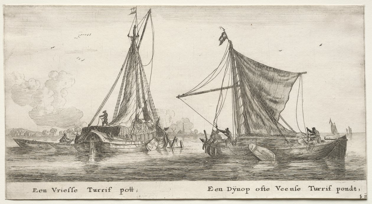 アムステルダムのさまざまな船と景色 (Verscheÿde Ships and Gesichten van Amstelredam)、パート II: A Frisian Peat Barge。 ディーノップ、Veensche Peat Pond の近く 作： クレマン・デ・ジョンヘ