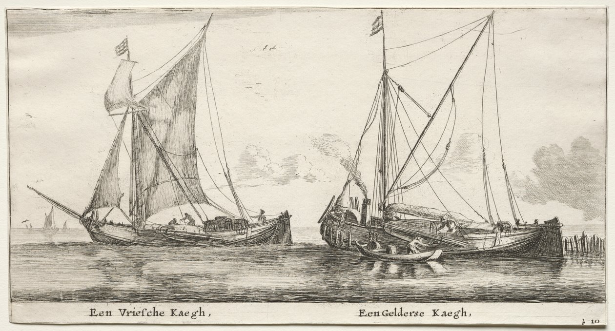 さまざまな船とアムステルダムの景色 (Verscheÿde Ships and Gesichten van Amstelredam)、パート II: A Frisian Bilander. ヘルダーランド・バイランダー 作： クレマン・デ・ジョンヘ
