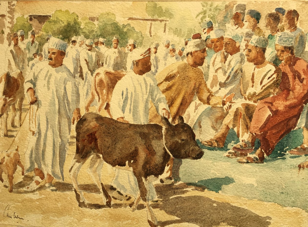 牛の市場、ニズワ、オマーン（1）、2018年（水彩画） 作： クライブ・ウィルソン