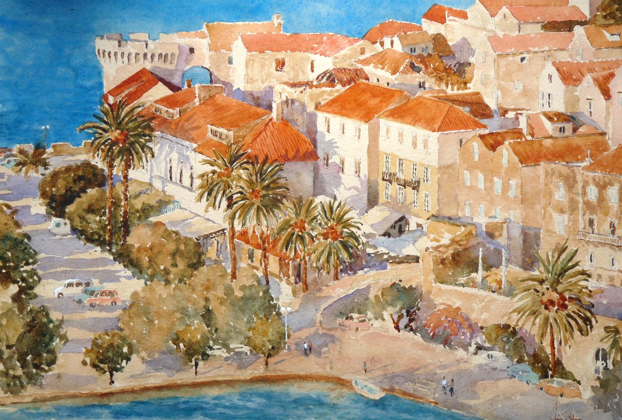 夕日、コルチュラ港、2011年（水彩画） 作： クライブ・ウィルソン