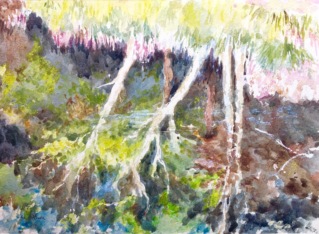 森の反射、シルバーレイク、2017年（水彩画） 作： クライブ・ウィルソン