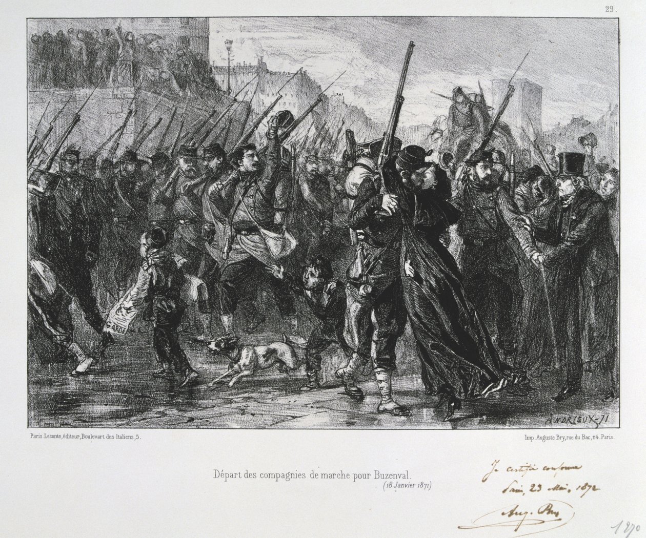 普仏戦争1870-1871。1871年1月19日、Versailles近くのBuzenval (Mount Valerien)の戦い。戦闘と敗戦に向けて行進するガルド・ナショナル。Clement August AndrieuxによるGardes Nationalesに関する一連のリトグラフより。 作： クレマンオーギュストアンドリュー