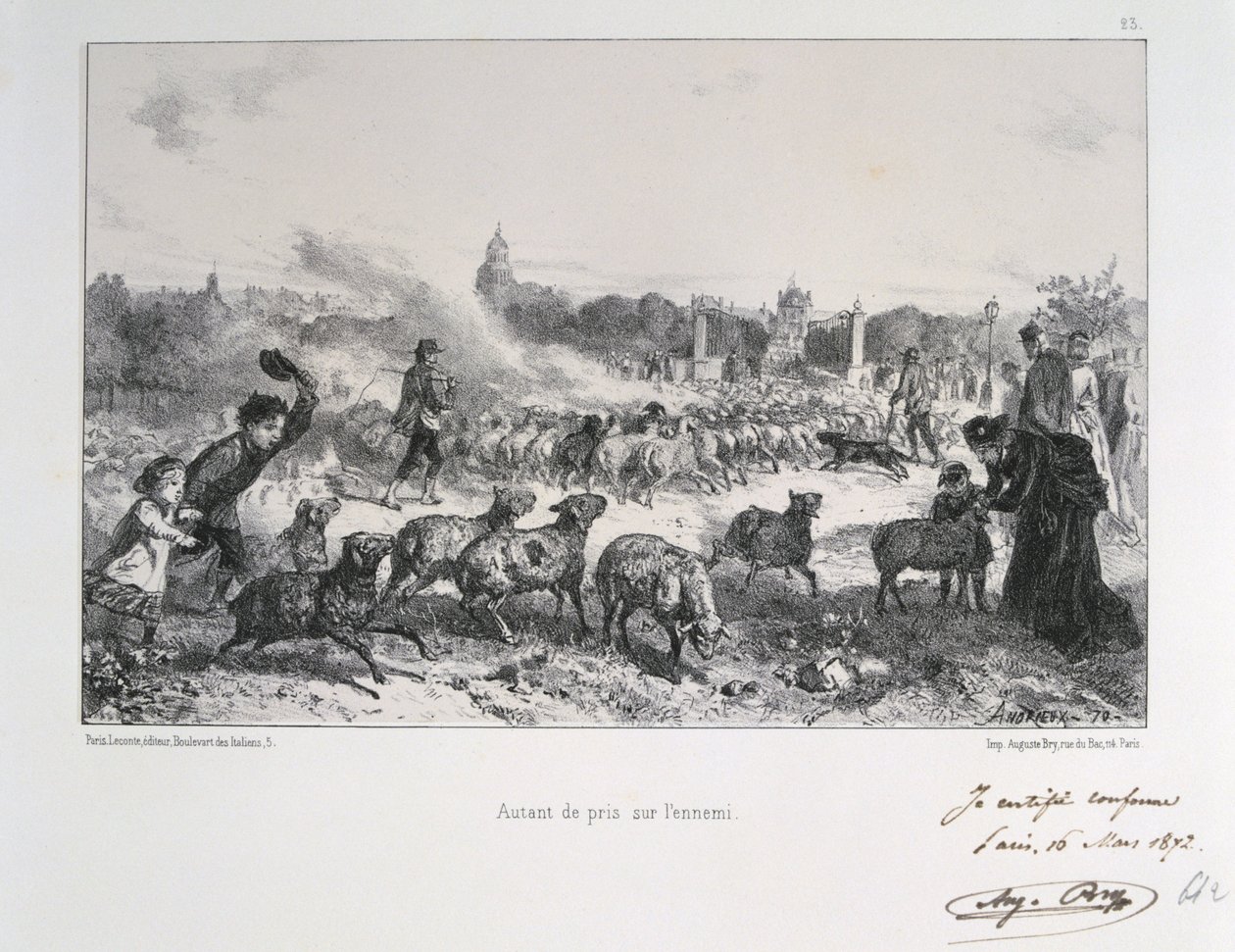 普仏戦争1870-1871。プロイセンの手に落ちるのを防ぐために羊の群れを追い払う。Clement August AndrieuxがGardes Nationalesに描いた一連のリトグラフより。 作： クレマンオーギュストアンドリュー