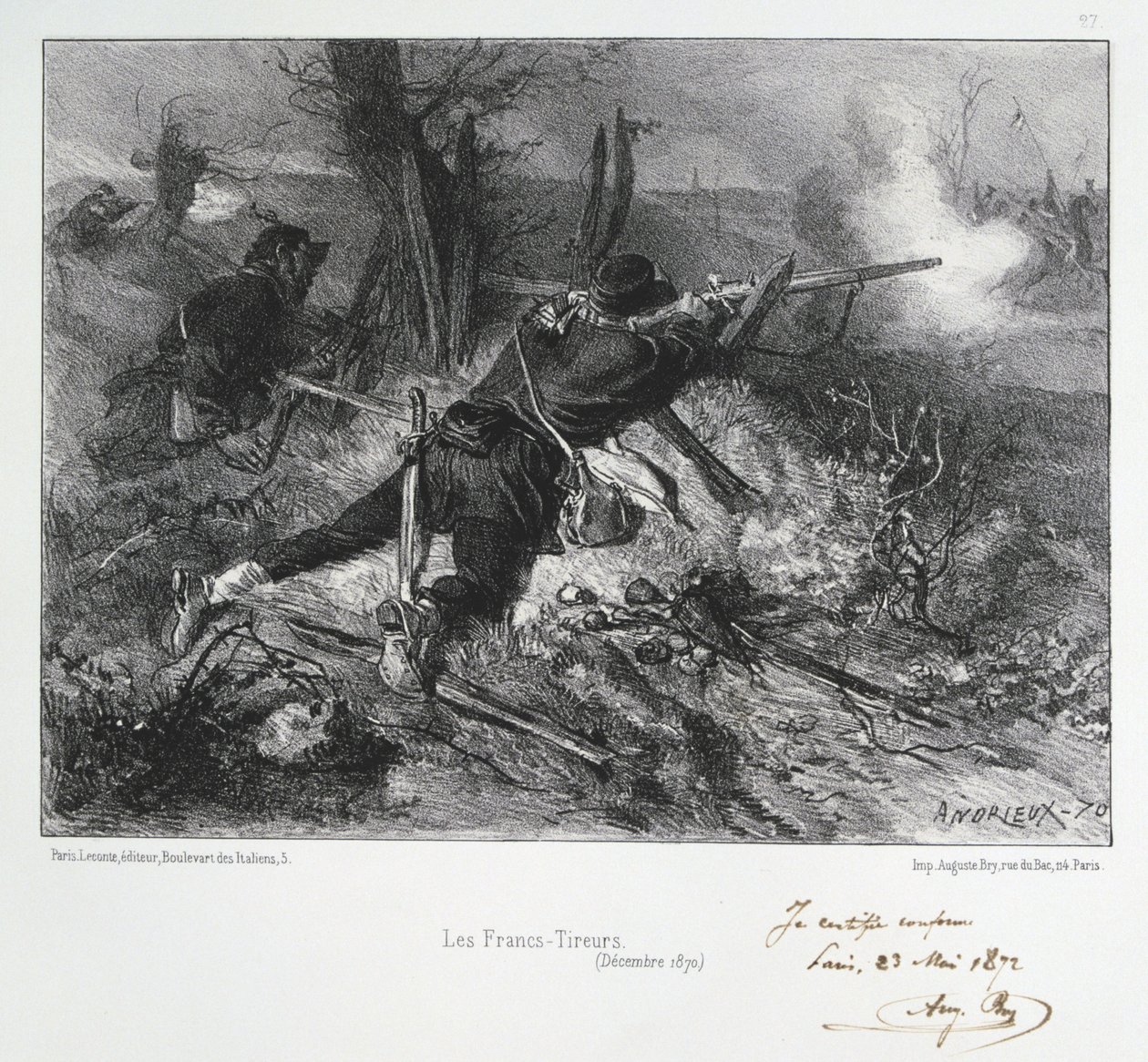 普仏戦争1870-1871。フランスのライフル兵。Clement August AndrieuxによるGardes Nationalesのリトグラフシリーズより。 作： クレマンオーギュストアンドリュー